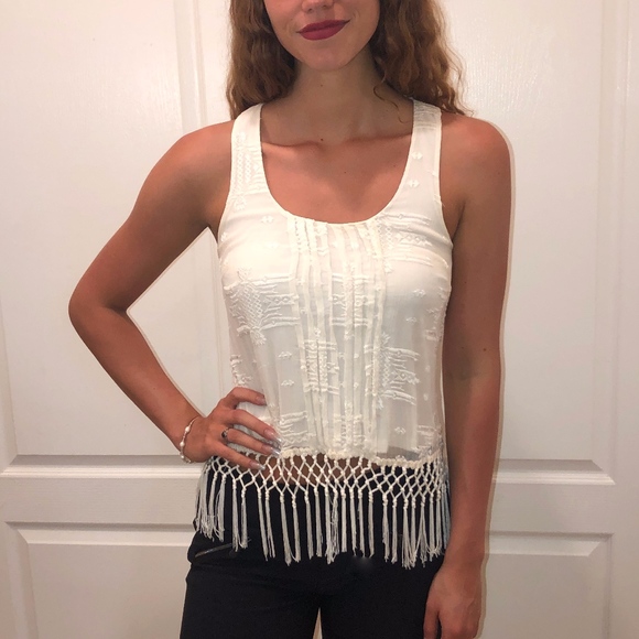Akiko Tops - Akiko White Fringe Boho Tank Top